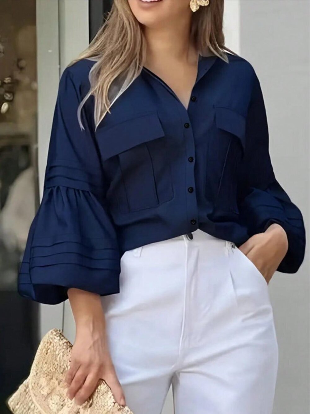 Blue Women's Casual Elegant Bell Sleeve Shirt